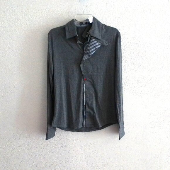 W[d^blju:], men's gray button-up long sleeve shirt with blue/white plaid design - Picture 2 of 7